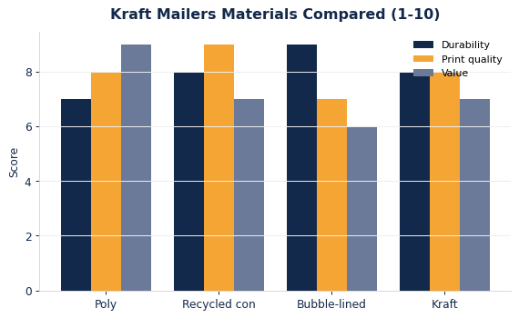 How common kraft mailers materials compare on durability, print quality, and value.