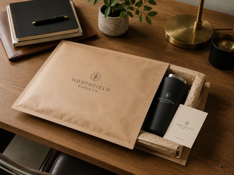 Corporate gift packed inside a custom printed kraft mailer