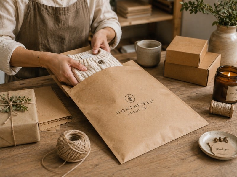 Small batch handmade seller packing an order into a kraft mailer