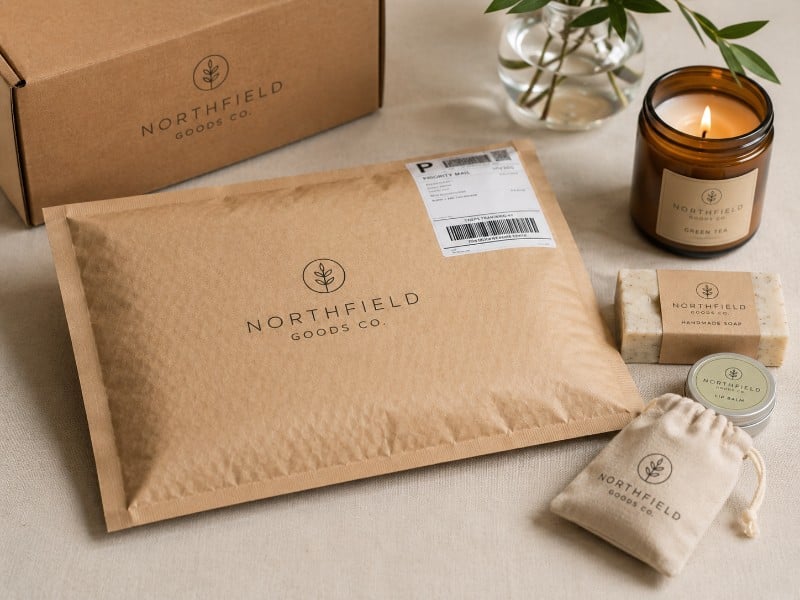 Padded kraft mailer used for a monthly subscription box shipment